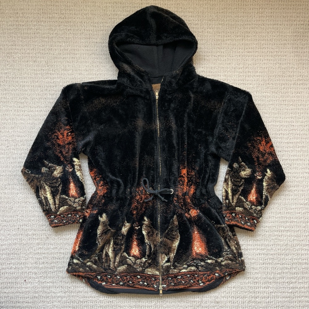 Vintage black faux fur wolf jacket